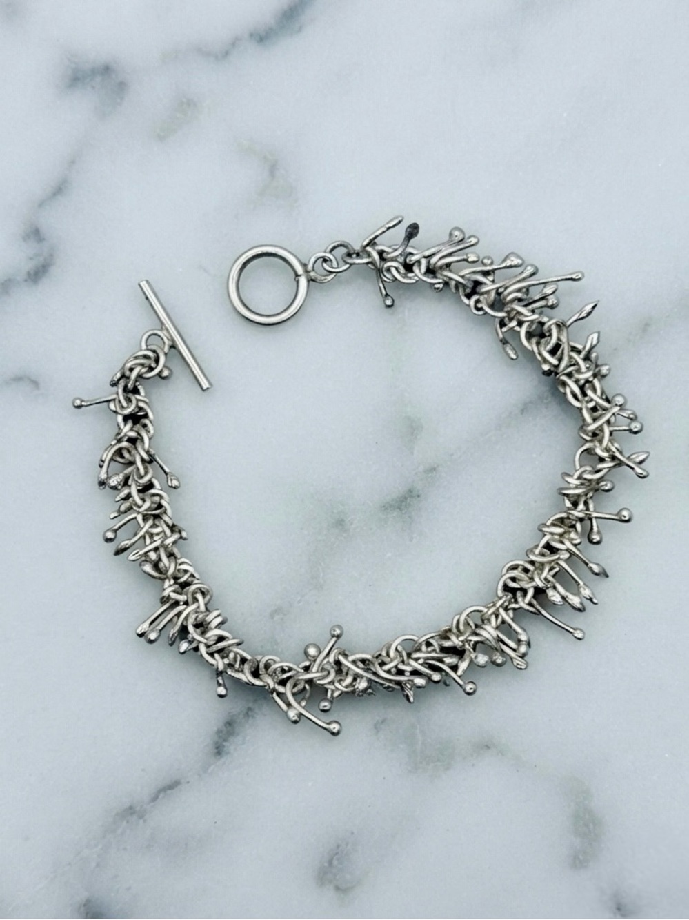 Unique Handcrafted Chunky Thorn Wire Silver Toggle Bracelet